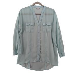 Candie's Button Up Sheer Top Small Blue Hi Low Pockets Button Blouse Long Sleeve